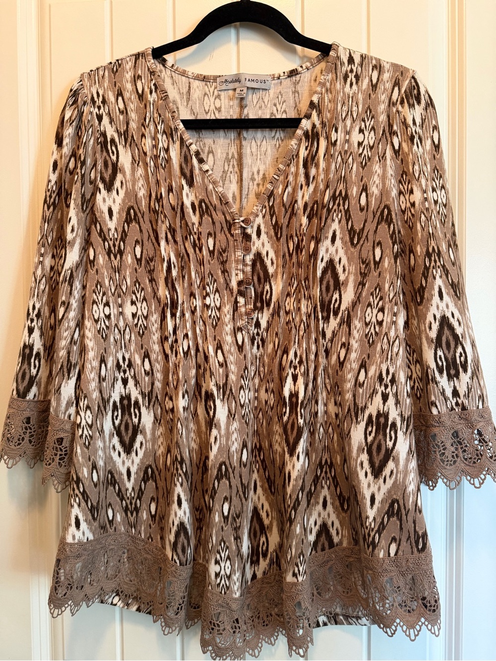 Almost Famous Brown and Cream Ikat Lace-Hem V-Neck Blouse